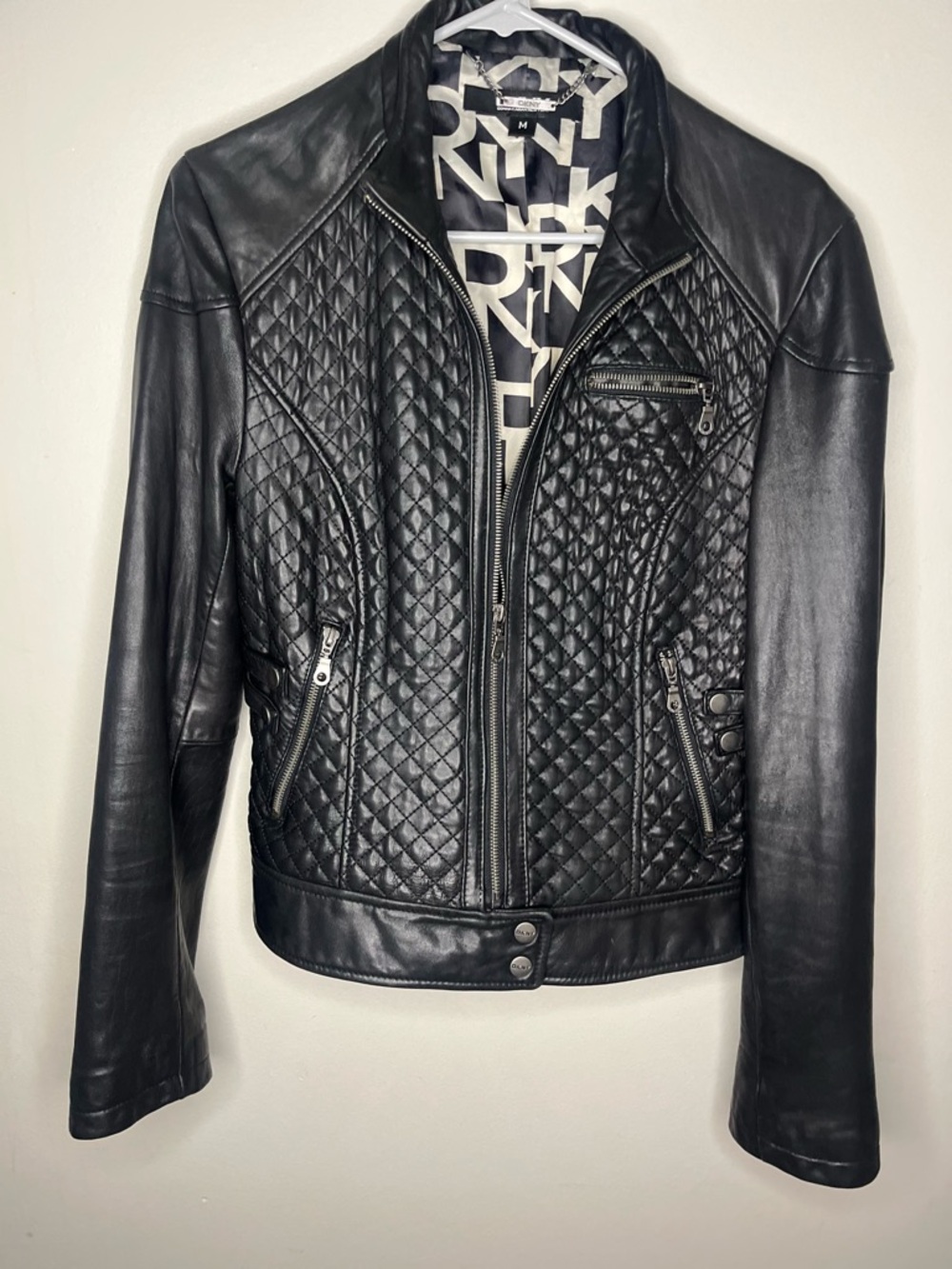 DKNY Black Quilted Leather Moto Jacket